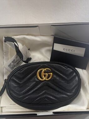 Gucci GG Marmont Matelassé Leather Belt Bag Black Chevron Waist Bag Gold Hardwar